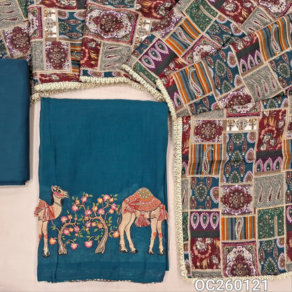 Teal blue mul chanderi unstitched salwar material,printed taping & tassles on yoke,camel design with embroidery on daman,( lining needed)silk cotton bottom, multicoloured digital printed crinkled chinon silk dupatta with lace tapping. OC260121