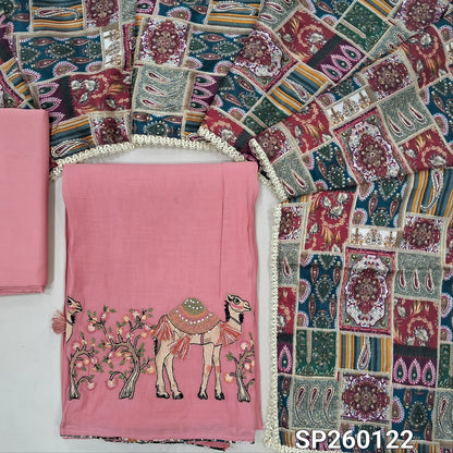 Pastel pink mul chanderi unstitched salwar material,printed taping & tassles on yoke,camel design with embroidery on daman,( lining needed)silk cotton bottom, multicoloured digital printed crinkled chinon silk dupatta with lace tapping. OC260122