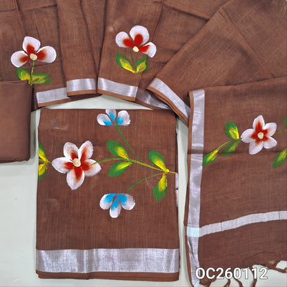 PRE ORDER 1 WEEK  Dark brown pure linen cotton salwar material,brush paint on front,(lining needed)cotton bottom, brush paint work on linen cotton dupatta with borders(DRY CLEAN , SLIGHT PAINT STAINS ARE NOT CONSIDERED AS DEFECTS). OC260112
