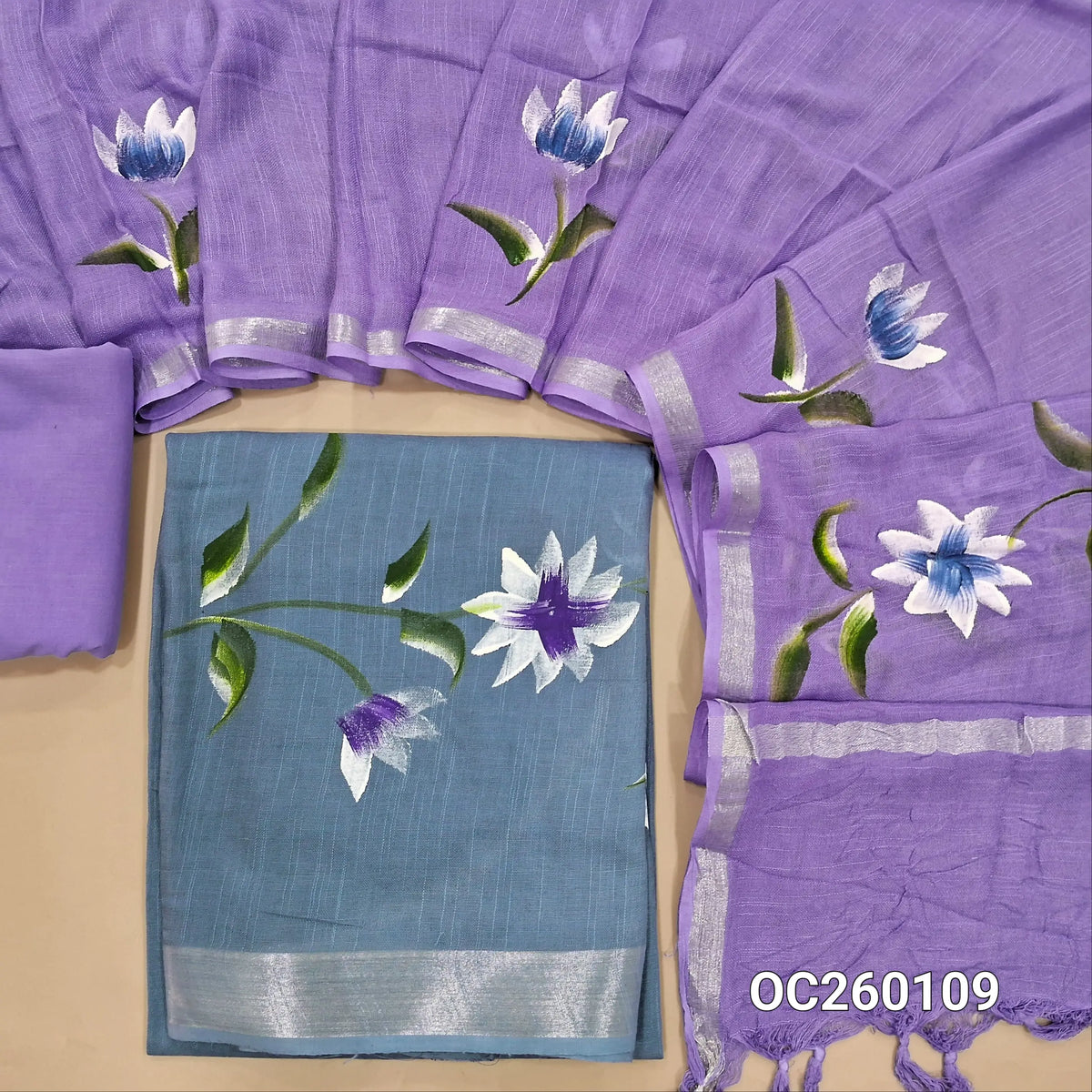 PREORDER 1 WEEK Blueish grey pure linen cotton salwar material,brush paint on front,(lining needed)purple cotton bottom, brush paint work on linen cotton dupatta with borders(DRY CLEAN , SLIGHT PAINT STAINS ARE NOT CONSIDERED AS DEFECTS). OC260109