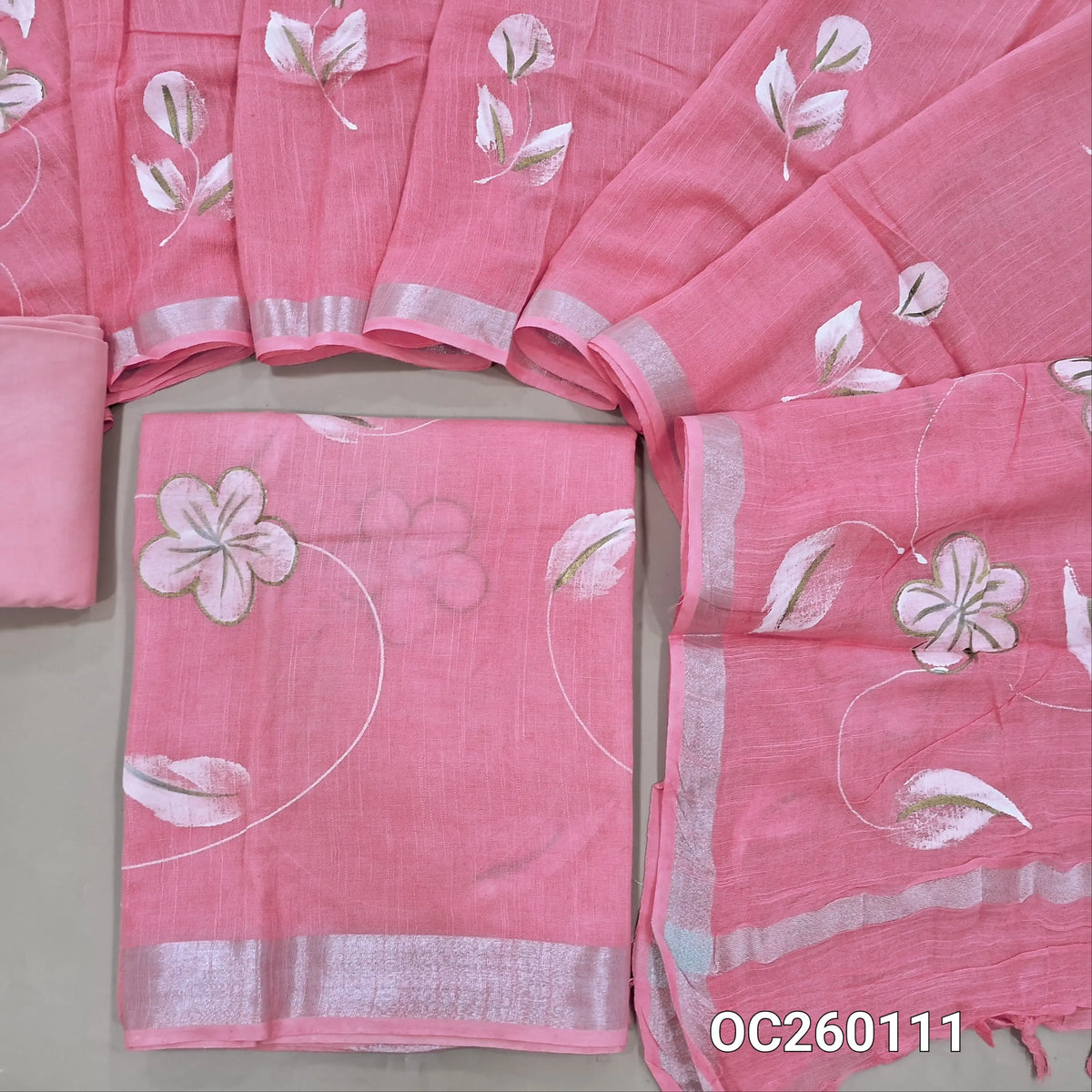 PREORDER 1 WEEK Pastel pink pure linen cotton salwar material,brush paint on front,(lining needed)cotton bottom, brush paint work on linen cotton dupatta with borders(DRY CLEAN RECOMMENDED, SLIGHT PAINT STAINS ARE NOT CONSIDERED AS DEFECTS). OC260111