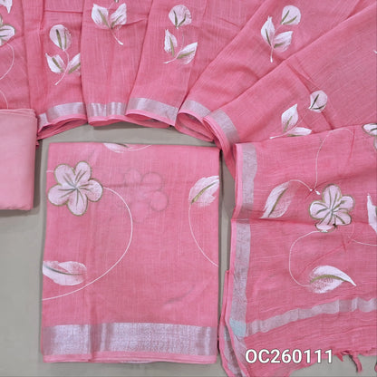 PREORDER 1 WEEK Pastel pink pure linen cotton salwar material,brush paint on front,(lining needed)cotton bottom, brush paint work on linen cotton dupatta with borders(DRY CLEAN RECOMMENDED, SLIGHT PAINT STAINS ARE NOT CONSIDERED AS DEFECTS). OC260111
