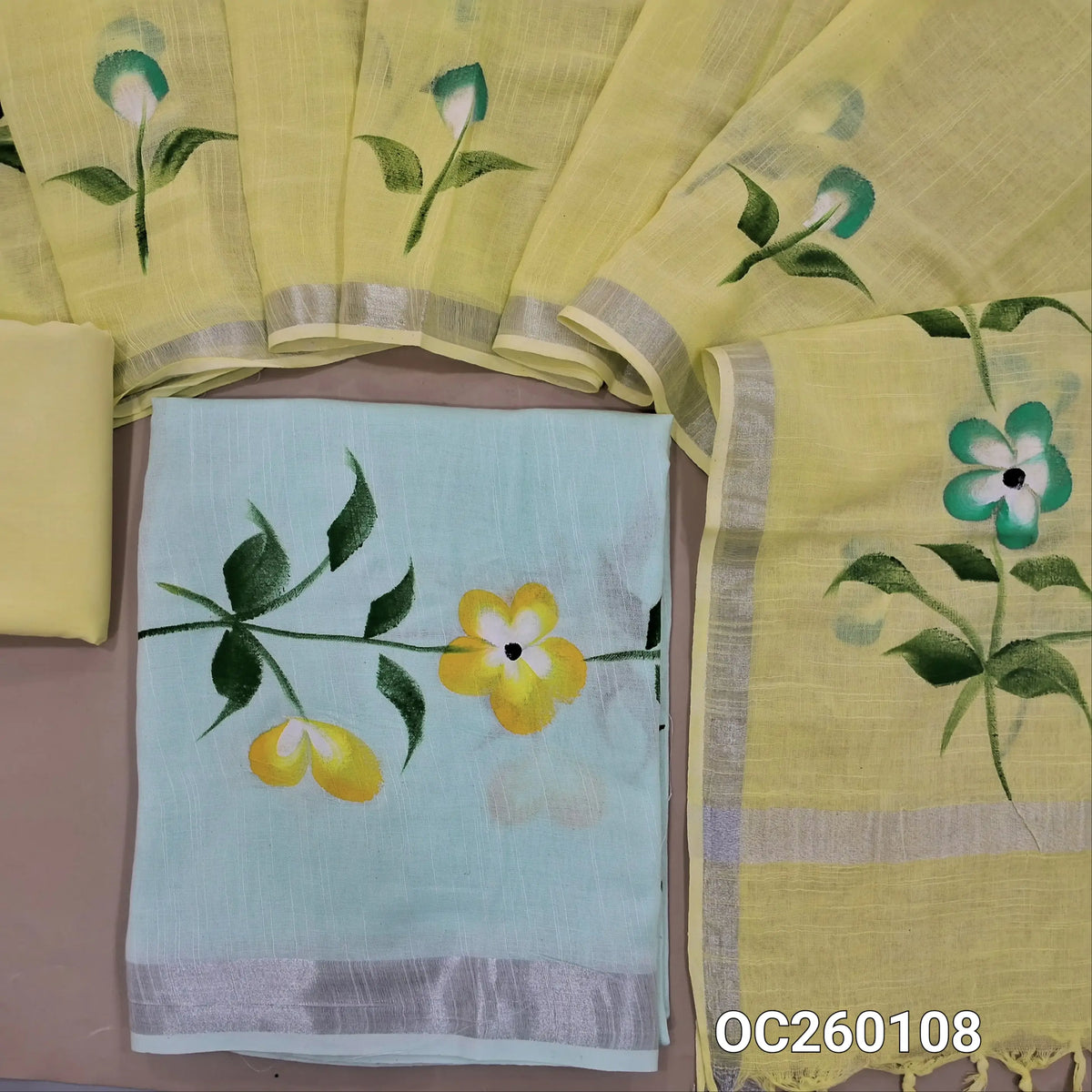 PREORDER 1 WEEK Pastel blue pure linen cotton salwar material,brush paint on front,(lining needed)pastel yellow cotton bottom, brush paint on linen cotton dupatta with borders(DRY CLEAN , SLIGHT PAINT STAINS ARE NOT CONSIDERED AS DEFECTS). OC260108