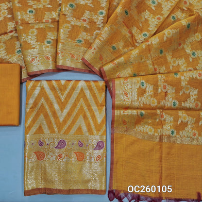 Mango yellow premium benarasi silk cotton unstitched salwar material,rich weaving all over, rich meenakari & weaving daman,(lining needed) silk cotton bottom,rich weaving & meenakari on  soft silk cotton dupatta with borders. OC260105