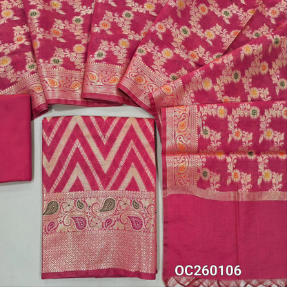 Bright pink premium benarasi silk cotton unstitched salwar material,rich weaving all over, rich meenakari & weaving daman,(lining needed) silk cotton bottom,rich weaving & meenakari on  soft silk cotton dupatta with borders. OC260106