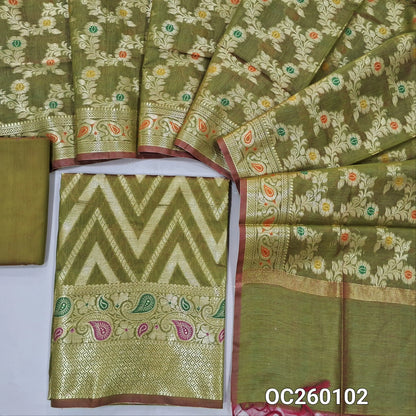 Mehandhi green premium benarasi silk cotton unstitched salwar material,rich weaving all over, rich meenakari & weaving daman,(lining needed) silk cotton bottom,rich weaving & meenakari on  soft silk cotton dupatta with borders. OC260102