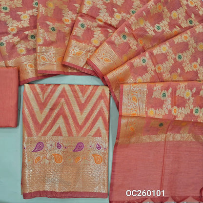 Peachish pink premium benarasi silk cotton unstitched salwar material,rich weaving all over, rich meenakari & weaving daman,(lining needed) silk cotton bottom,rich weaving & meenakari on  soft silk cotton dupatta with borders. OC260101