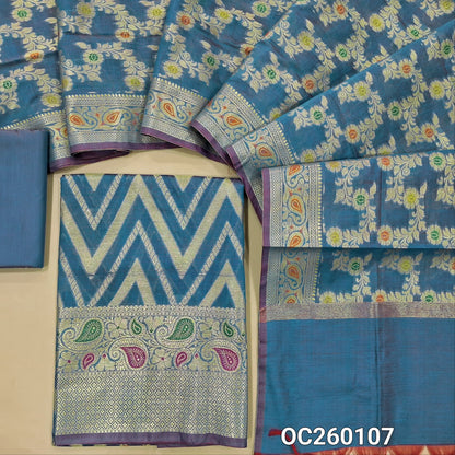 Turquoise blue premium benarasi silk cotton unstitched salwar material,rich weaving all over, rich meenakari & weaving daman,(lining needed) silk cotton bottom,rich weaving & meenakari on  soft silk cotton dupatta with borders. OC260107