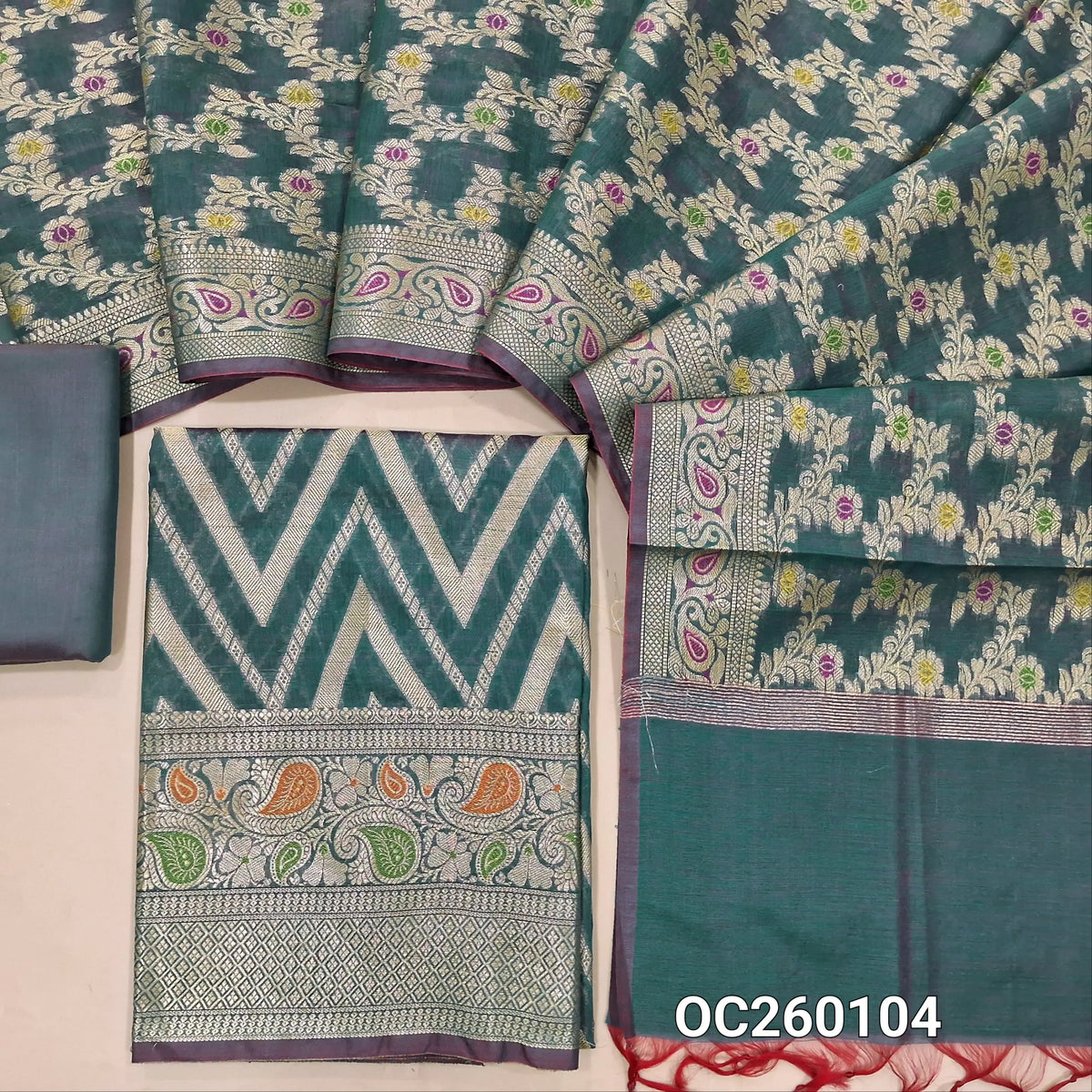 Dual shaded blue premium benarasi silk cotton unstitched salwar material,rich weaving all over, rich meenakari & weaving daman,(lining needed) silk cotton bottom,rich weaving & meenakari on  soft silk cotton dupatta with borders. OC260104