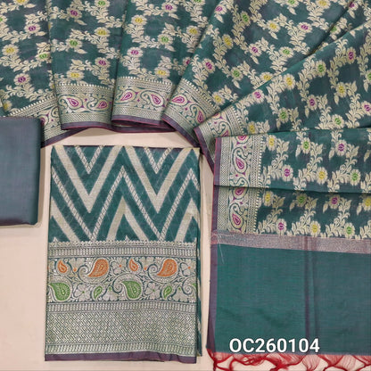 Dual shaded blue premium benarasi silk cotton unstitched salwar material,rich weaving all over, rich meenakari & weaving daman,(lining needed) silk cotton bottom,rich weaving & meenakari on  soft silk cotton dupatta with borders. OC260104