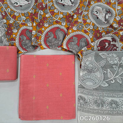 Peachish pink premium handloom cotton unstitched salwar material, (lining needed)thread weaving all over, thread woven handloom cotton bottom. handblock printed mul cotton dupatta. OC260126
