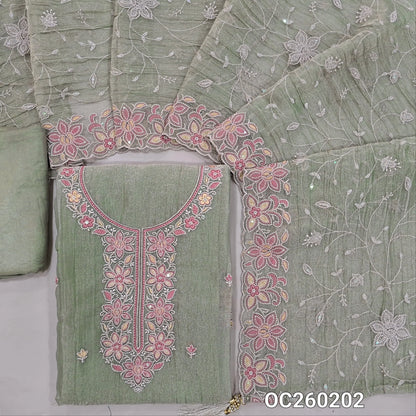 Green with golden tint crinkled tissue silk cotton unstitched salwar material, embroidery work on yoke& daman,(lining needed)santoon bottom, rich thread embroidery & sequins work on crinkled tissue silk dupatta with borders. OC260202