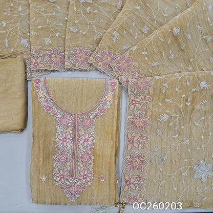 Golden beige with golden tint crinkled tissue silk cotton unstitched salwar material, embroidery work on yoke& daman,(lining needed)santoon bottom, rich thread embroidery & sequins work on crinkled tissue silk dupatta with borders. OC260203