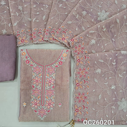 Mauve with golden tint crinkled tissue silk cotton unstitched salwar material, embroidery work on yoke& daman,(lining needed)santoon bottom, rich thread embroidery & sequins work on crinkled tissue silk dupatta with borders. OC260201