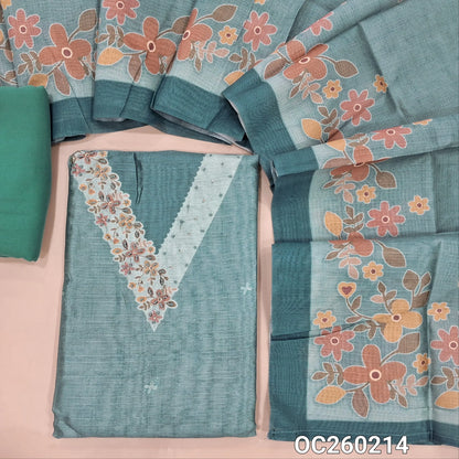Blueish grey fancy silk cotton unstitched salwar material, printed yoke with french knot & sequins work on yoke, printed all over,(lining needed)spun cotton bottom, digital printed silk cotton dupatta. OC260214