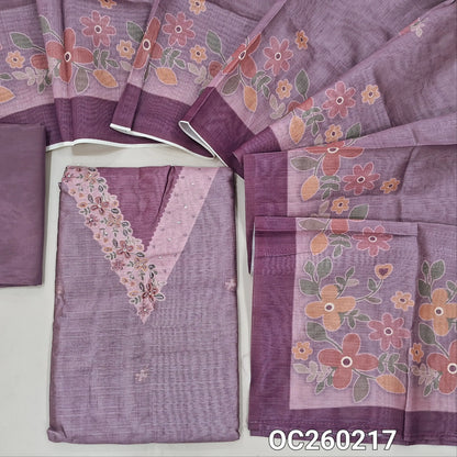 Mauve fancy silk cotton unstitched salwar material, printed yoke with french knot & sequins work on yoke, printed all over,(lining needed)spun cotton bottom, digital printed silk cotton dupatta. OC260215