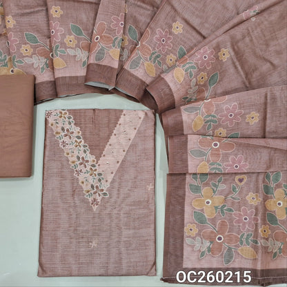 Light chocolate brown fancy silk cotton unstitched salwar material, printed yoke with french knot & sequins work on yoke, printed all over,(lining needed)spun cotton bottom, digital printed silk cotton dupatta. OC260217