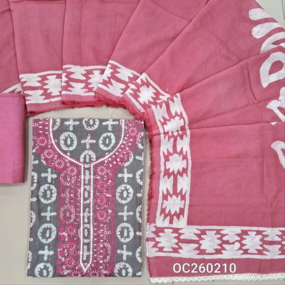 Light grey original wax batik dyed silk cotton unstitched salwar material,embroidery work on yoke, stitch work all over,(Lining Needed)pink spun cotton bottom, batik dyed silk cotton dupatta (TAPPING NEEDED). OC260210