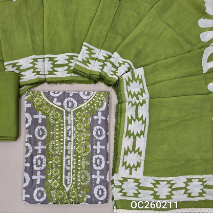 Light grey original wax batik dyed silk cotton unstitched salwar material,embroidery work on yoke, stitch work all over,(Lining Needed)green spun cotton bottom, batik dyed silk cotton dupatta (TAPPING NEEDED). OC260211