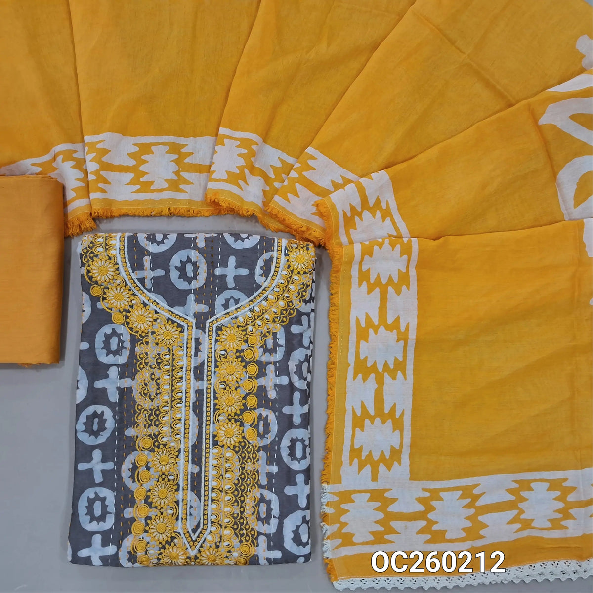 Light grey original wax batik dyed silk cotton unstitched salwar material,embroidery work on yoke, stitch work all over,(Lining Needed)Yellow spun cotton bottom, batik dyed silk cotton dupatta (TAPPING NEEDED). OC260212