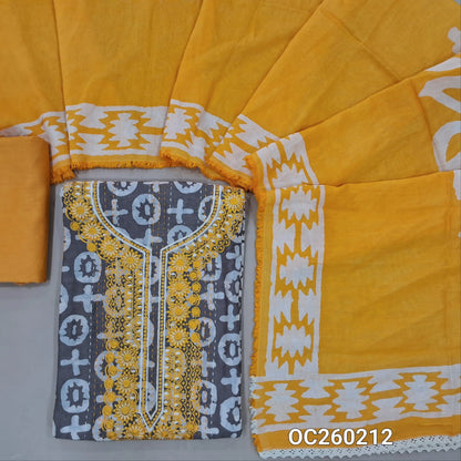 Light grey original wax batik dyed silk cotton unstitched salwar material,embroidery work on yoke, stitch work all over,(Lining Needed)Yellow spun cotton bottom, batik dyed silk cotton dupatta (TAPPING NEEDED). OC260212