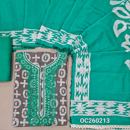 Light grey original wax batik dyed silk cotton unstitched salwar material,embroidery work on yoke, stitch work all over,(Lining Needed)turquoise green spun cotton bottom, batik dyed silk cotton dupatta (TAPPING NEEDED). OC260213