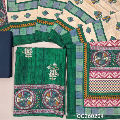Dark green semi tussar unstitched salwar material,cross stitch work on front,madhubani printed daman,(lining needed)blue spun cotton bottom,digital printed semi tussar dupatta with madhubani printed pallu. OC260204