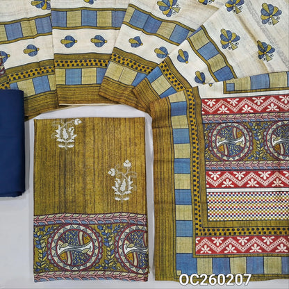Mehandhi green semi tussar unstitched salwar material,cross stitch work on front,madhubani printed daman,(lining needed)blue spun cotton bottom,digital printed semi tussar dupatta with madhubani printed pallu. OC260207