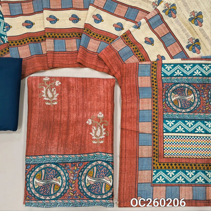 Brick red semi tussar unstitched salwar material,cross stitch work on front,madhubani printed daman,(lining needed)blue spun cotton bottom,digital printed semi tussar dupatta with madhubani printed pallu. OC260206