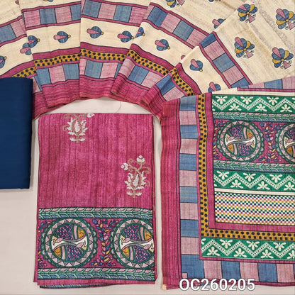 Pink semi tussar unstitched salwar material,cross stitch work on front,madhubani printed daman,(lining needed)blue spun cotton bottom,digital printed semi tussar dupatta with madhubani printed pallu. OC260205