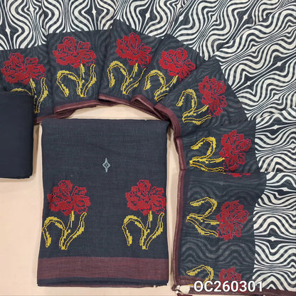 Dark blue premium linen salwar material,cross stitch work on daman,printed all over, (textured, lining needed)santoon bottom, digital printed linen dupatta with cross stitch work. OC260301