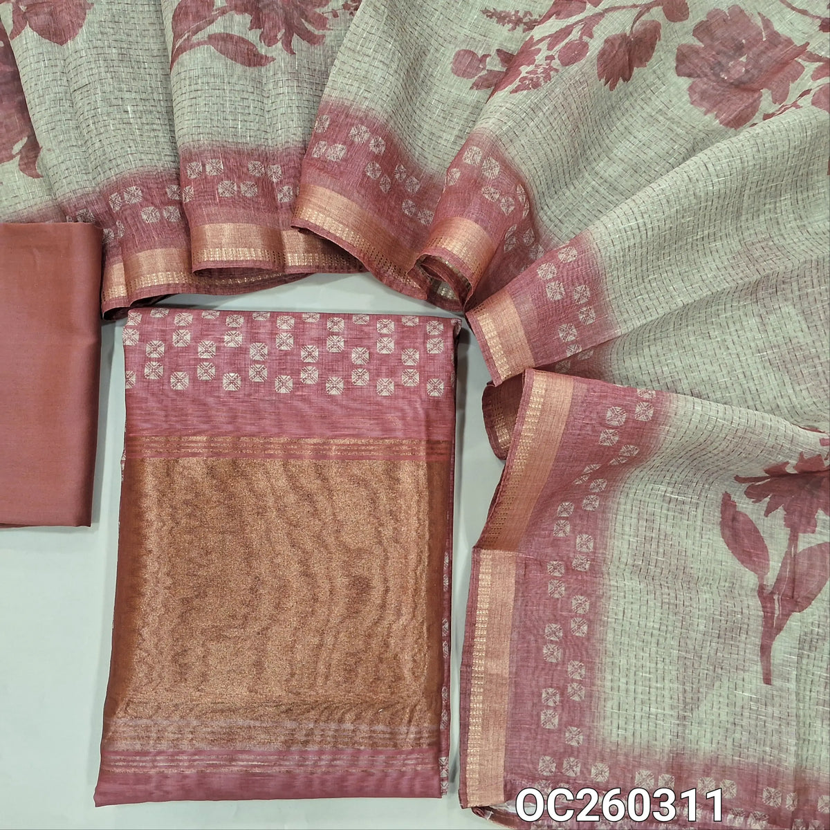 Dark onion pink digital printed premium silk cotton unstitched salwar material,printed all over, tissue daman,(lining needed)spun cotton bottom, digital printed silk cotton dupatta with tissue borders. OC260311