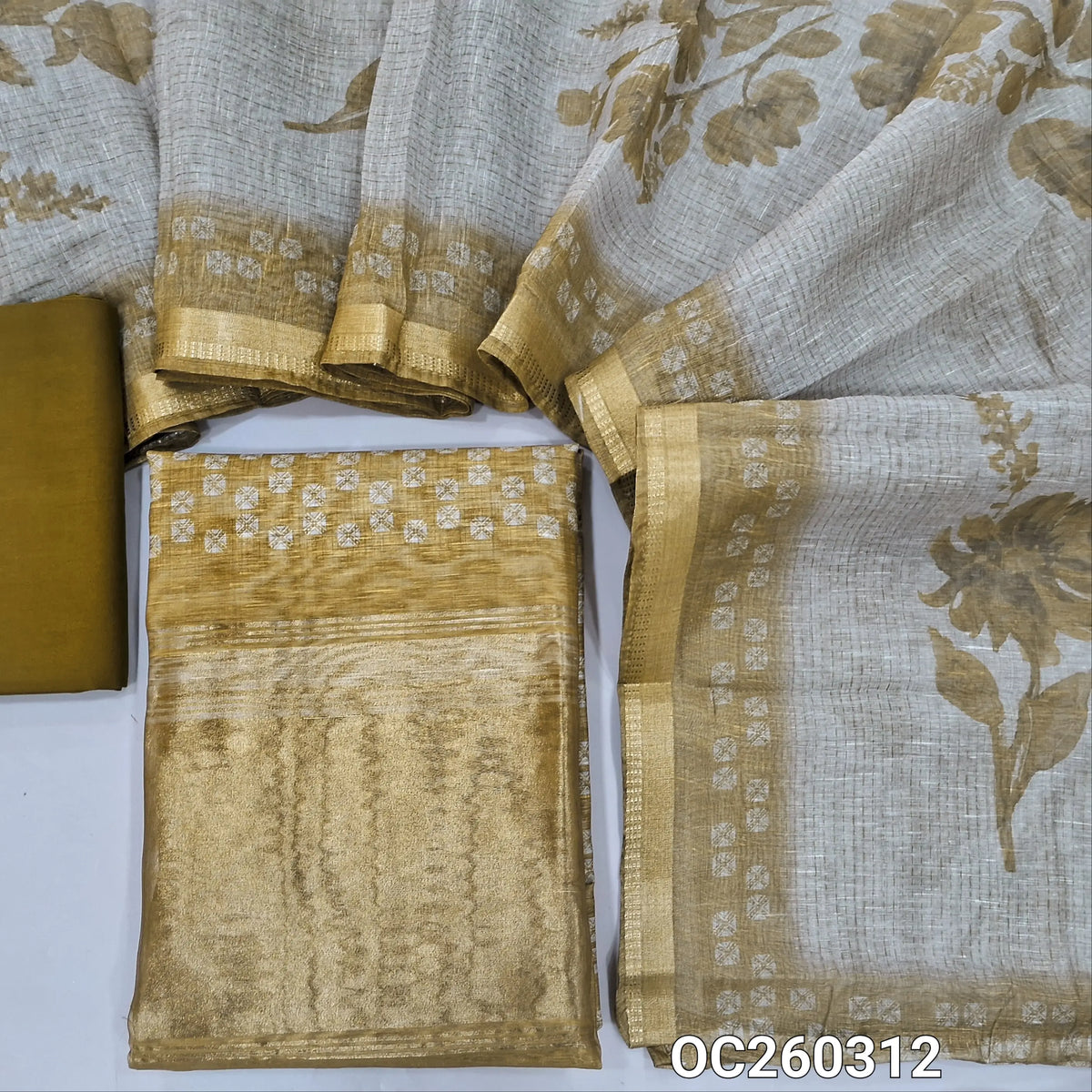 Mehandhi green digital printed premium silk cotton unstitched salwar material,printed all over, tissue daman,(lining needed)spun cotton bottom, digital printed silk cotton dupatta with tissue borders. OC260312