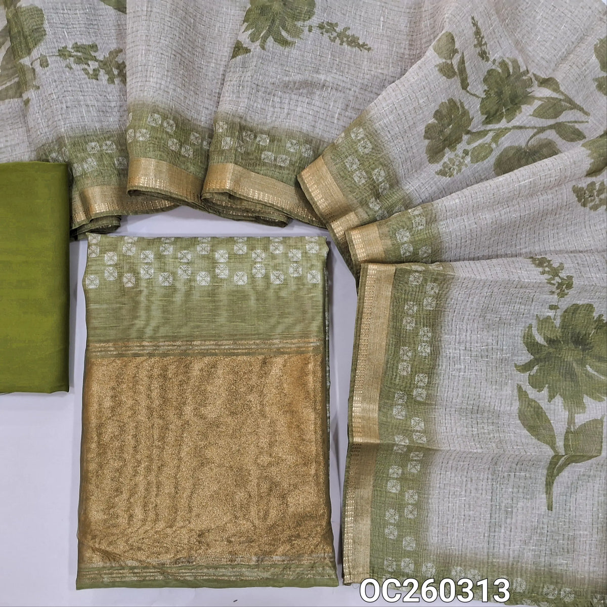 Leafy green digital printed premium silk cotton unstitched salwar material,printed all over, tissue daman,(lining needed)spun cotton bottom, digital printed silk cotton dupatta with tissue borders. OC260313