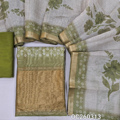 Leafy green digital printed premium silk cotton unstitched salwar material,printed all over, tissue daman,(lining needed)spun cotton bottom, digital printed silk cotton dupatta with tissue borders. OC260313