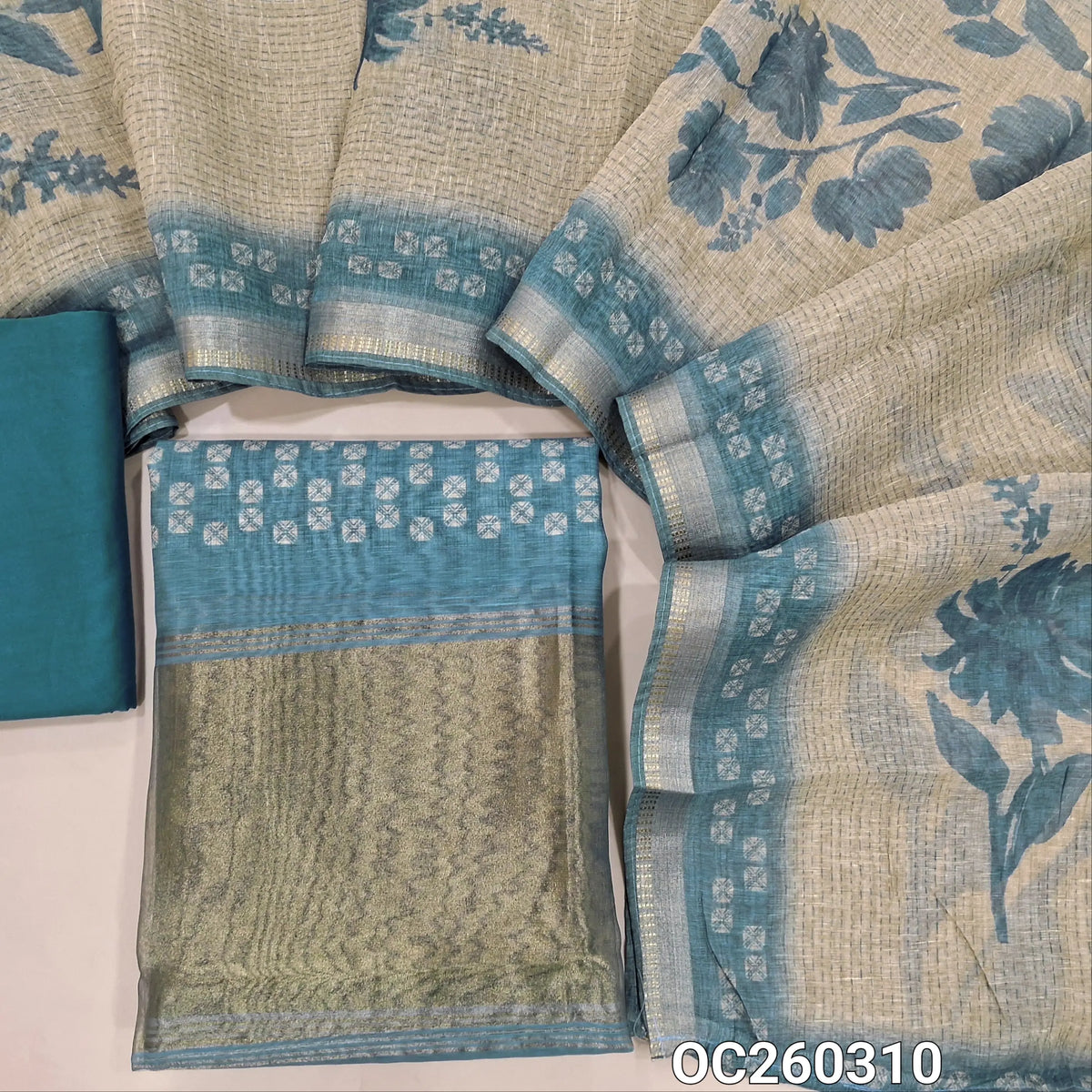Blueish grey digital printed premium silk cotton unstitched salwar material,printed all over, tissue daman,(lining needed)spun cotton bottom, digital printed silk cotton dupatta with tissue borders. OC260310