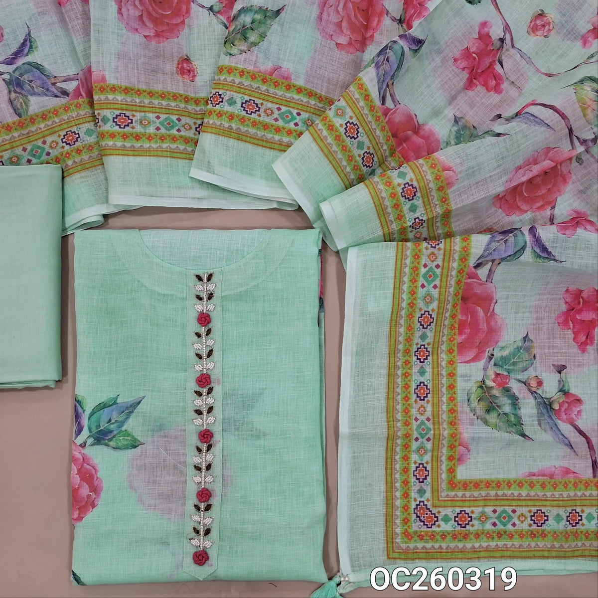 Pastel blue semi linen unstitched salwar material,digital printed bead and zardozi, floral design daman,( lining needed)spun cotton bottom, digital printed semi linen dupatta with printed borders. OC260319