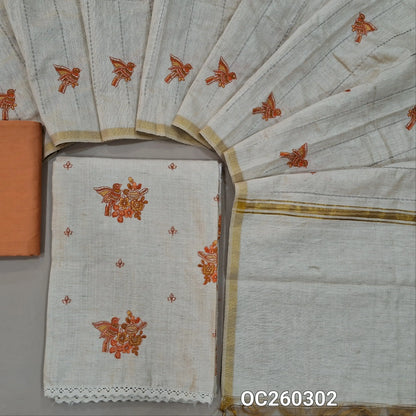 Off white base raw silk unstitched salwar material,bird embroidery on front,(lining needed)peach silky bottom, vertical stitch work,bird and zari detailing on raw silk dupatta. OC260302