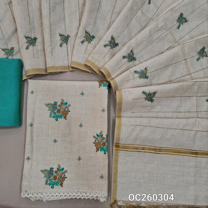 Off white base raw silk unstitched salwar material,bird embroidery on front,(lining needed)blue silky bottom, vertical stitch work,bird and zari detailing on raw silk dupatta. OC260304