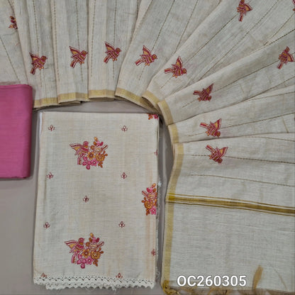 Off white base raw silk unstitched salwar material,bird embroidery on front,(lining needed)Pink silky bottom, vertical stitch work,bird and zari detailing on raw silk dupatta. OC260305