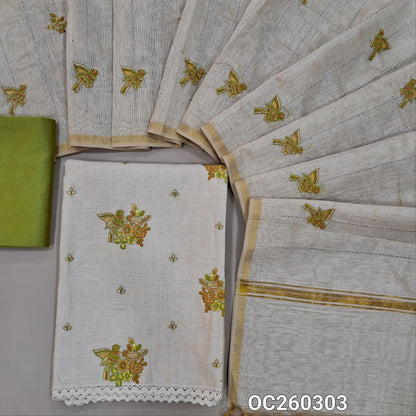 Off white base raw silk unstitched salwar material,bird embroidery on front,(lining needed)green silky bottom, vertical stitch work,bird and zari detailing on raw silk dupatta. OC260303