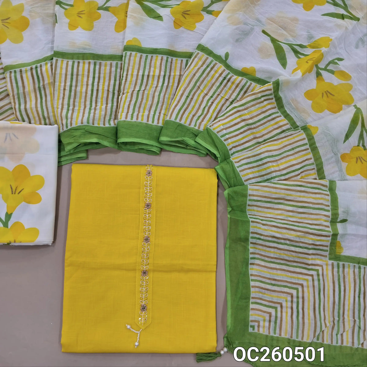 PREORDER 10 DAYS Bright yellow premium mul cotton unstitched salwar material,thread, sequins and zarodzi on yoke,(lining needed)floral printed soft cotton bottom, printed pure mul cotton dupatta. OC260501