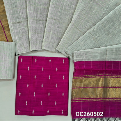 Rani pink slub silk cotton unstitched salwar material,thread woven buttas all over, (Lining Needed)greyish beige silk cotton bottom, dualshaded vertical lines on slub silk cotton dupatta with tissue pallu. OC260502