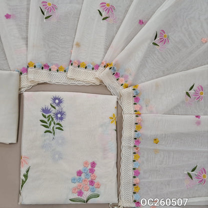 Off white base mul chanderi unstitched salwar material, embroidery work all over,(Lining Needed)santoon bottom, embroidery work on mul chanderi dupatta with scallop edges and  pearl tassles. OC260507