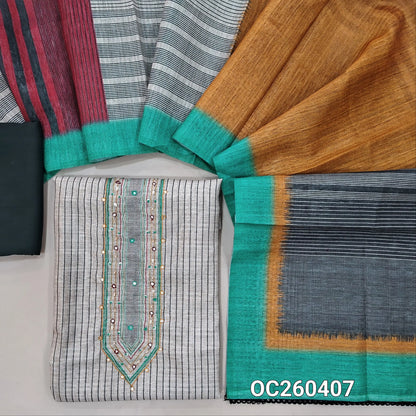 Light beige base silk cotton unstitched salwar material, zarodzi, faux mirror and sequins on yoke, stripe printed  all over,(lining needed) elephant grey spun cotton bottom, colourful abstract printed full length jute silk cotton dupatta. OC260407