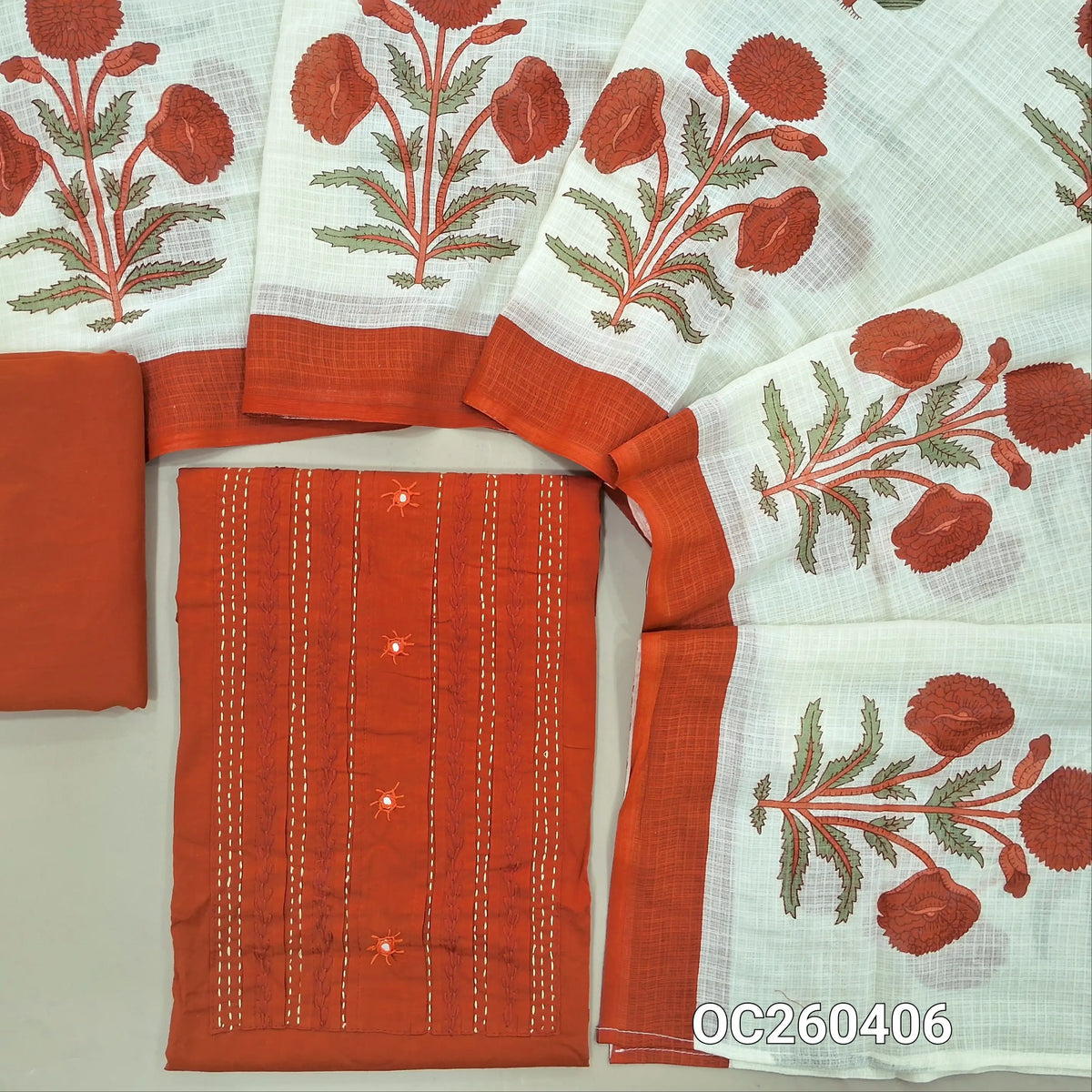 PREORDER 15 DAYS TO SHIP Brick red pure cotton unstitched salwar material, kantha stitch work on yoke(lining needed)cotton bottom, mugal printed kota cotton dupatta. OC260406