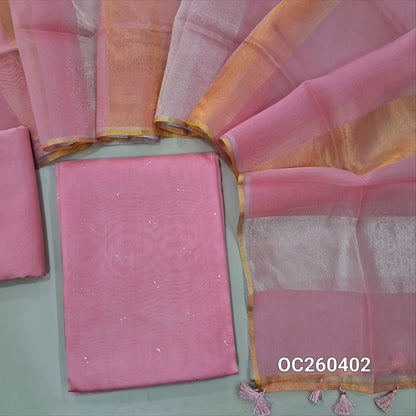 Pastel pink pure organza silk unstitched salwar material, mukesh work all over,(lining needed)silk cotton bottom, silver and gold tissue on full length organza silk dupatta with tassles. OC260402