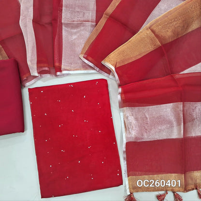 Red pure organza silk unstitched salwar material, mukesh work all over,(lining needed)silk cotton bottom, silver and gold tissue on full length organza silk dupatta with tassles. OC260401