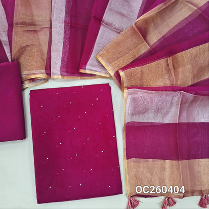 Rani pink pure organza silk unstitched salwar material, mukesh work all over,(lining needed)silk cotton bottom, silver and gold tissue on full length organza silk dupatta with tassles. OC260404
