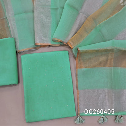 Sea green pure organza silk unstitched salwar material, mukesh work all over,(lining needed)silk cotton bottom, silver and gold tissue on full length organza silk dupatta with tassles. OC260405